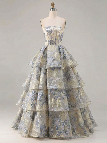 Dusty Blue Floral Brocade Strapless Tiered Long Prom Dress