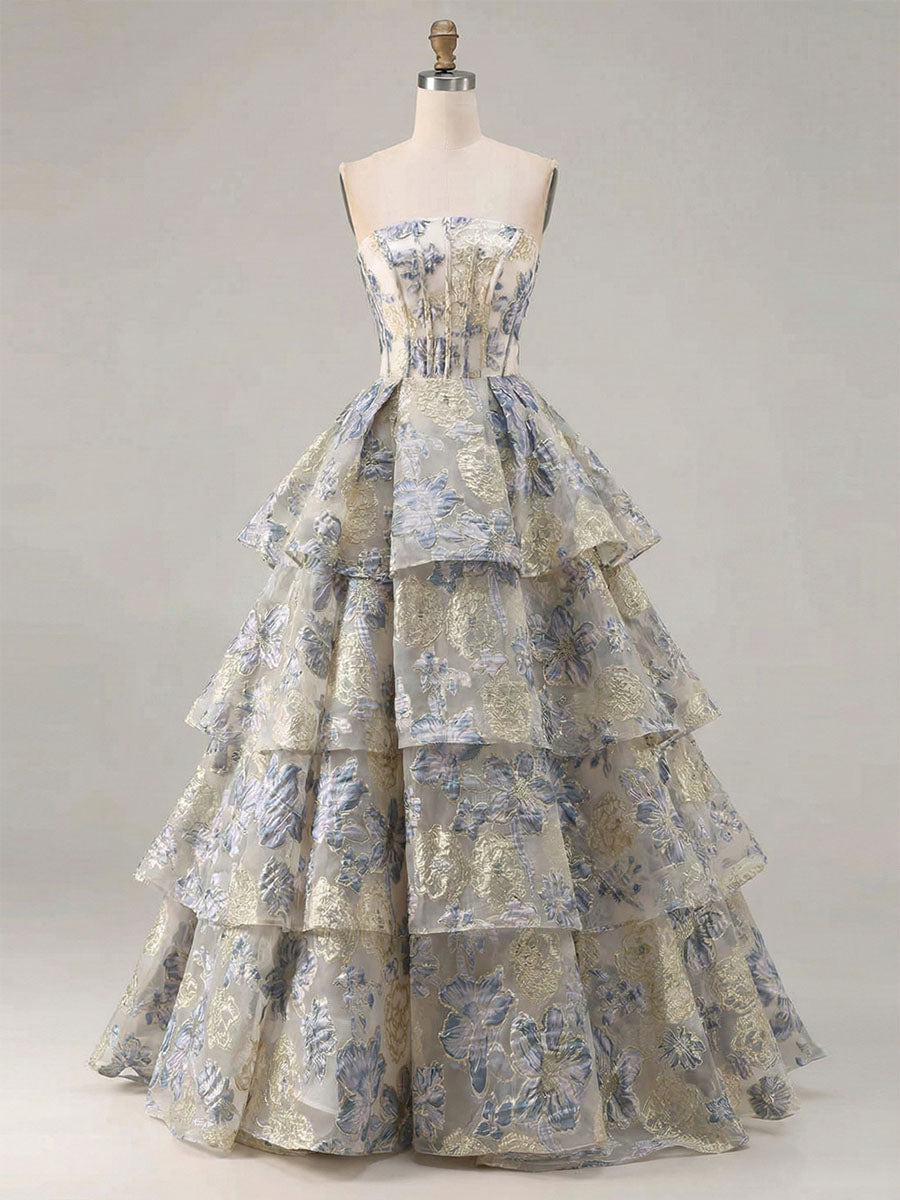 Dusty Blue Floral Brocade Strapless Tiered Long Prom Dress