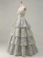 Dusty Blue Floral Brocade Strapless Tiered Long Prom Dress