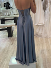 Dusty Blue Strapless Corset Bodice Satin Prom Dress with Slit