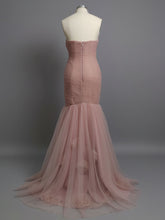Dusty Rose Mermaid Strapless Ruched Tulle Prom Dress with 3D Floral