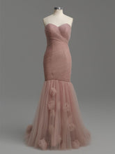 Dusty Rose Mermaid Strapless Ruched Tulle Prom Dress with 3D Floral