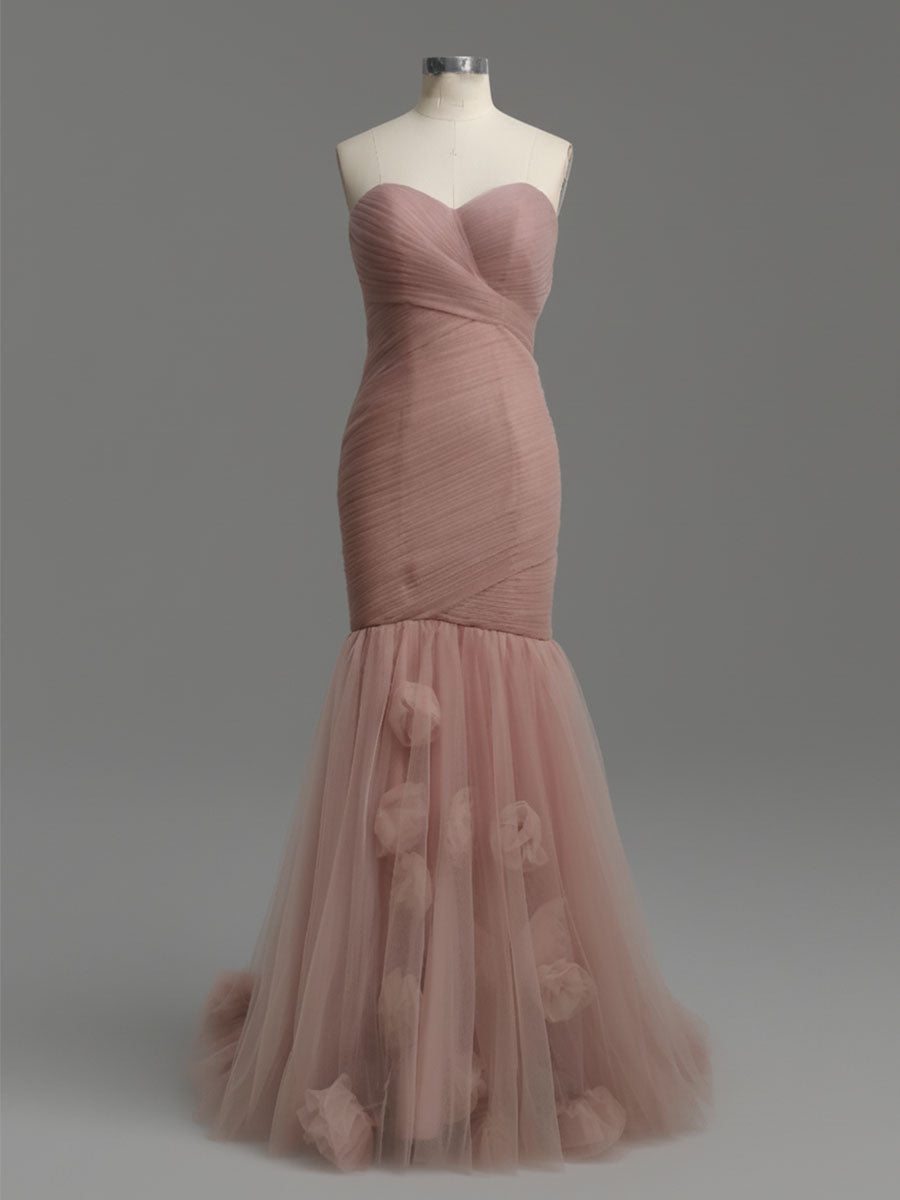 Dusty Rose Mermaid Strapless Ruched Tulle Prom Dress with 3D Floral