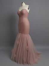 Dusty Rose Mermaid Strapless Ruched Tulle Prom Dress with 3D Floral
