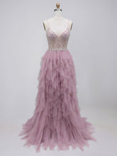 Dusty Rose Tulle A-Line Tiered Ruffles Prom Dress with Beaded Illusion Bodice