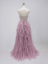 Dusty Rose Tulle A-Line Tiered Ruffles Prom Dress with Beaded Illusion Bodice