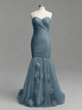 Dusty Rose Mermaid Strapless Ruched Tulle Prom Dress with 3D Floral