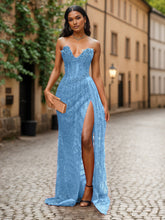 Red Strapless Beaded Fringe Waist Sequin Prom Dress with High Slit