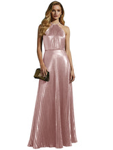Luxurious Champagne-Gold Pleated Halter Long Prom Dress