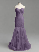 Dusty Rose Mermaid Strapless Ruched Tulle Prom Dress with 3D Floral