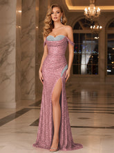 Dark Red Crystal Off-the-Shoulder Corset Prom Dress with Slit