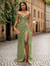 Red Strapless Beaded Fringe Waist Sequin Prom Dress with High Slit