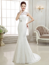 Wedding Dresses High Neck  Lace Cap Sleeve Sexy Illusion Detail Backless with Beading Appliques