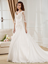 Ball Gown Wedding Dresses V Neck Chapel Train Taffeta Half Sleeve See-Through with Ruched Beading Appliques