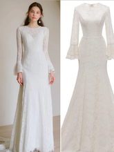 A-Line Wedding Dresses Jewel Neck  Lace Long Sleeve Romantic with Appliques