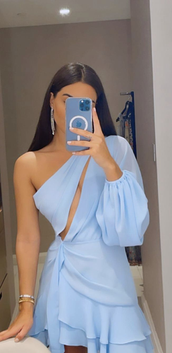 Elegant Short One Shoulder Chiffon Homecoming Dress A-Line Sky Blue Ruffled Cocktail Party Dress Y2436