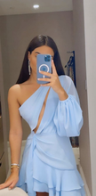 Elegant Short One Shoulder Chiffon Homecoming Dress A-Line Sky Blue Ruffled Cocktail Party Dress Y2436