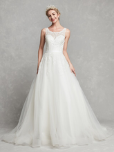 A-Line Wedding Dresses Scoop Neck Chapel Train Lace Tulle Regular Straps Formal Illusion Detail with Lace Sash  Ribbon