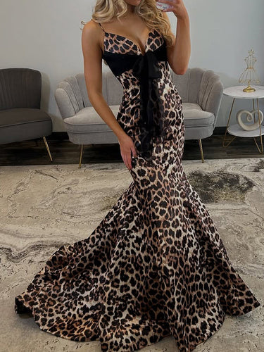 Elegance Leopard Print Mermaid Prom Dress with Black Bow Detail