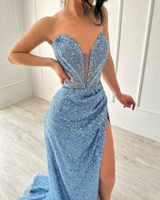 Elegant A-line V-neck Sleeveless Split Front Sequined Blue Prom Dress