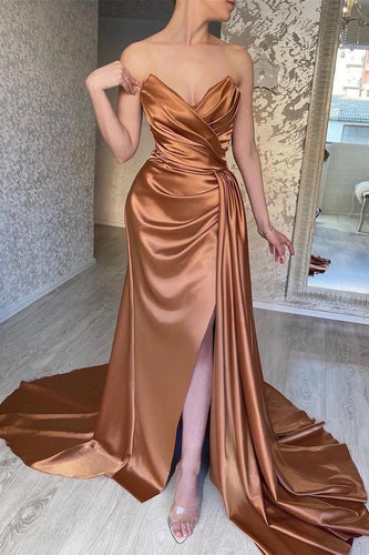 Elegant Long A-line Sweetheart Satin Sleeveless Formal Prom Dresses With Slit