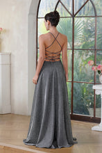 Elegant Long A-line V-Neck Halter Shiny Silk Prom Dress With Side Slit Party Dress with Pocket