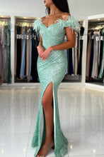 Mermaid Off-the-Shoulder Sequined Fur Long Prom Dresses with Split