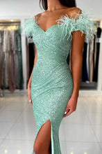 Mermaid Off-the-Shoulder Sequined Fur Long Prom Dresses with Split