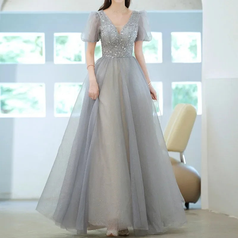 Elegant Princess Formal Evening Prom Dress Gorgeous V Neck Puff Sleeve Bandage Long Dresses Floral Glitter Robes De Soirée 2025