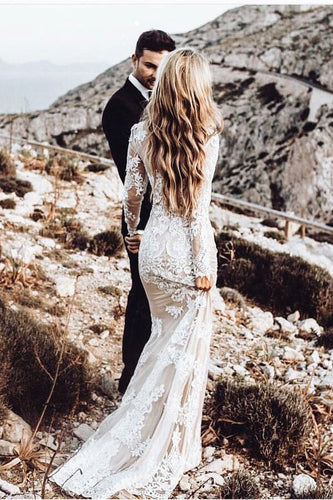 Elegant Boho Lace Mermaid Long Sleeves Wedding Dresses, Bridal Gown, MW539