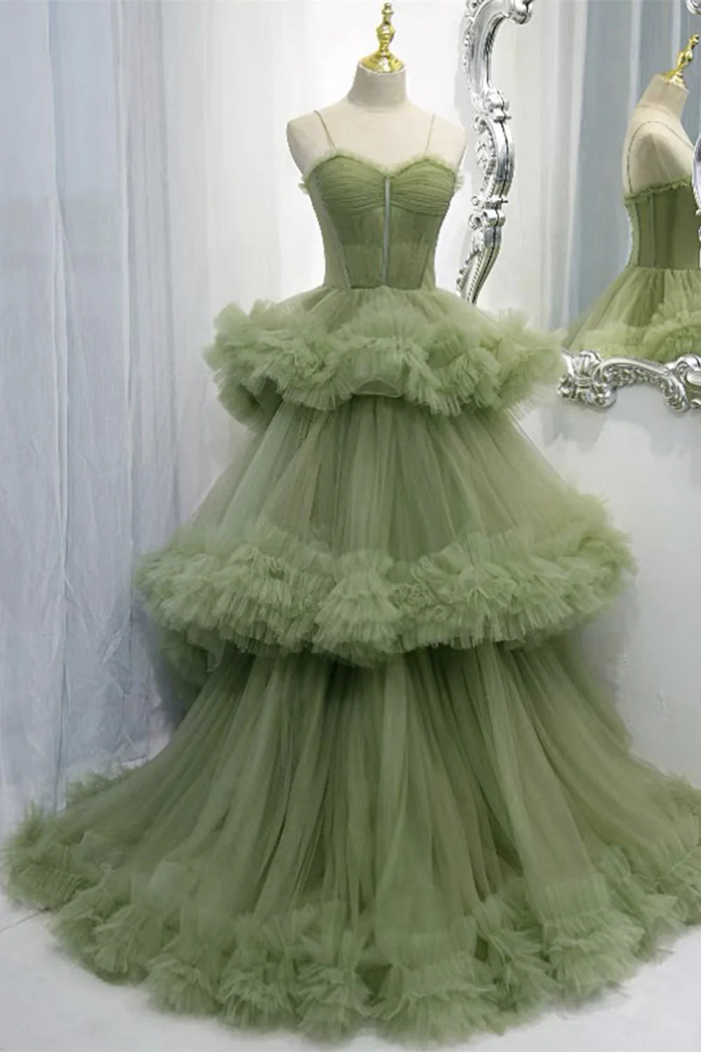 Elegant Straps Pleated Green Tiered Tulle Formal Dress SYP100