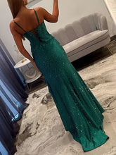 Emerald Green Cowl Neck Sequin Corset Prom Dress with Ruffled Slit