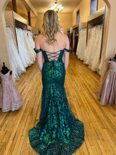 Emerald Green Off-the-Shoulder Sequin Prom Dress with High Slit