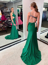 Emerald Green One-Shoulder Cutout Prom Dress with Rhinestone Trim