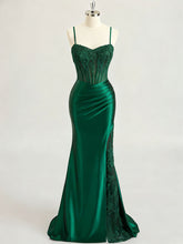 Emerald Green Ruched Waist Satin Corset Prom Dress with Sheer Lace Side Panel