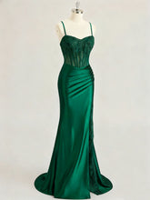Emerald Green Ruched Waist Satin Corset Prom Dress with Sheer Lace Side Panel