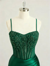 Emerald Green Ruched Waist Satin Corset Prom Dress with Sheer Lace Side Panel