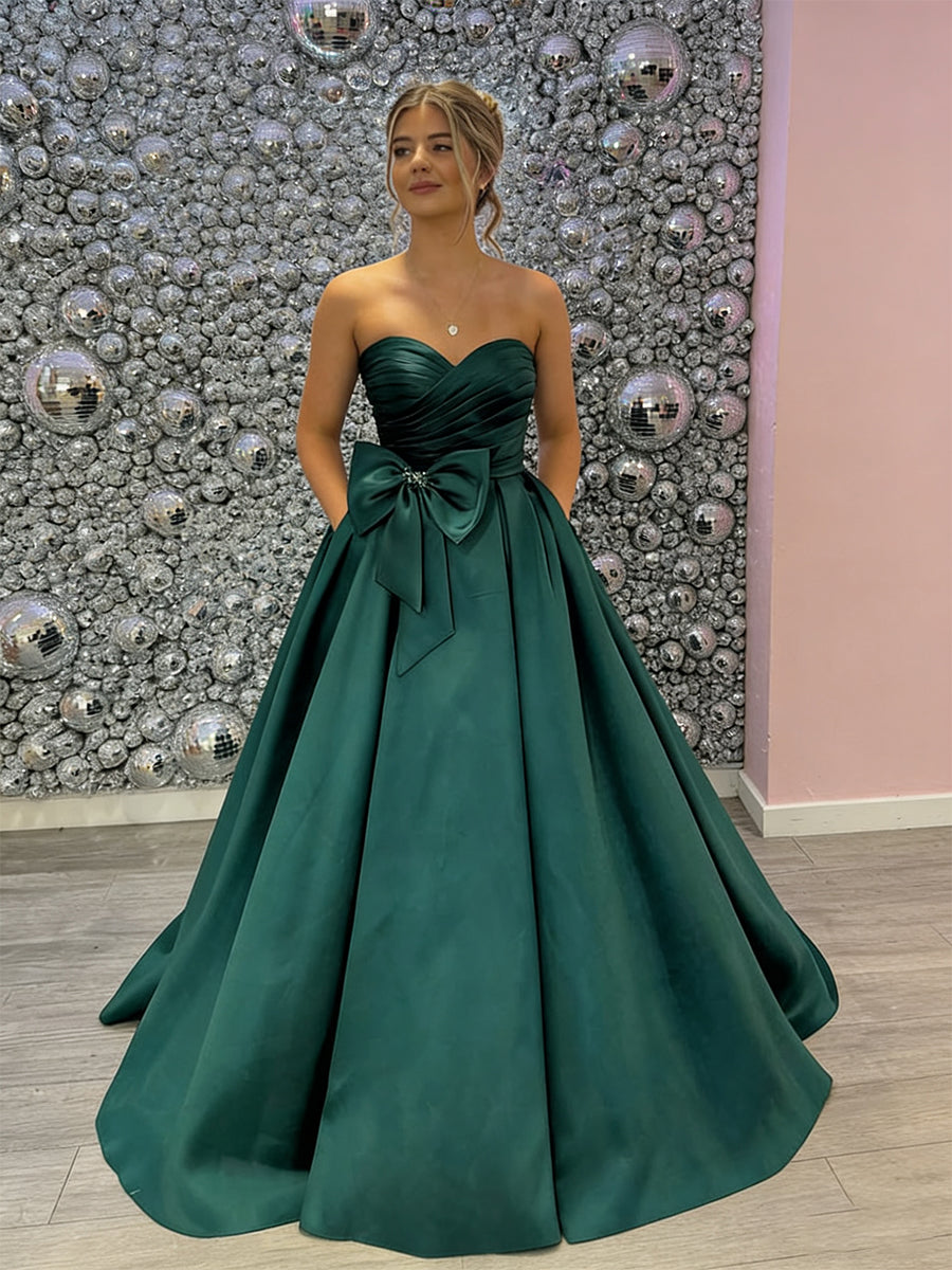 Emerald Green Strapless Satin Prom Dress with Statement Bow