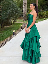 Emerald Green Strapless Tiered Ruffle Satin Prom Dress with Keyhole Cutout