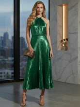 Luxurious Champagne-Gold Pleated Halter Midi Prom Dress