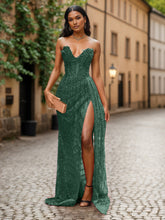 Red Strapless Beaded Fringe Waist Sequin Prom Dress with High Slit