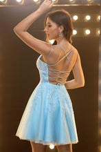Sky Blue Spaghetti Straps Lace Appliqued Tulle Homecoming Dress