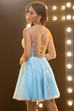 Sky Blue Spaghetti Straps Lace Appliqued Tulle Homecoming Dress