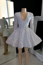 Sparkling V-neck A-line Graduation Dress With Sequins White Short Homecoming Dress Y1951