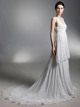 Princess A-Line Wedding Dresses V Neck Chapel Train Chiffon Sleeveless