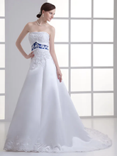 A-Line Wedding Dresses Strapless Court Train Lace Satin Strapless with Sashes  Ribbons Beading Appliques