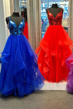 Brandi | A-line V-Neck Mirror-Cut Sequins Ruffle Layers Long Prom Dress