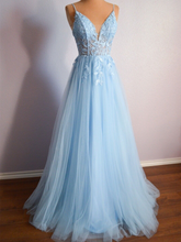 Cynthia | Light Blue V Neck Lace-Up Appliques Tulle Long Prom Dress