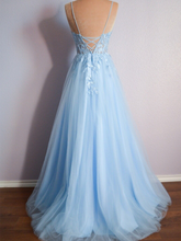 Cynthia | Light Blue V Neck Lace-Up Appliques Tulle Long Prom Dress