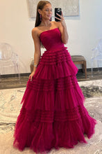 Daniela |A-Line Strapless Tulle Long Prom Dress with Tiered Ruffles